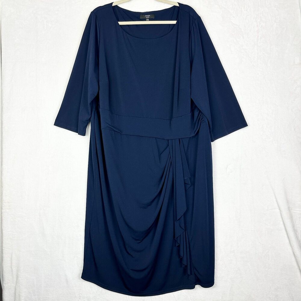 Joanna Hope Midi Dress Size 26 Ruched Faux Wrap Navy Blue Stretch Jersey
